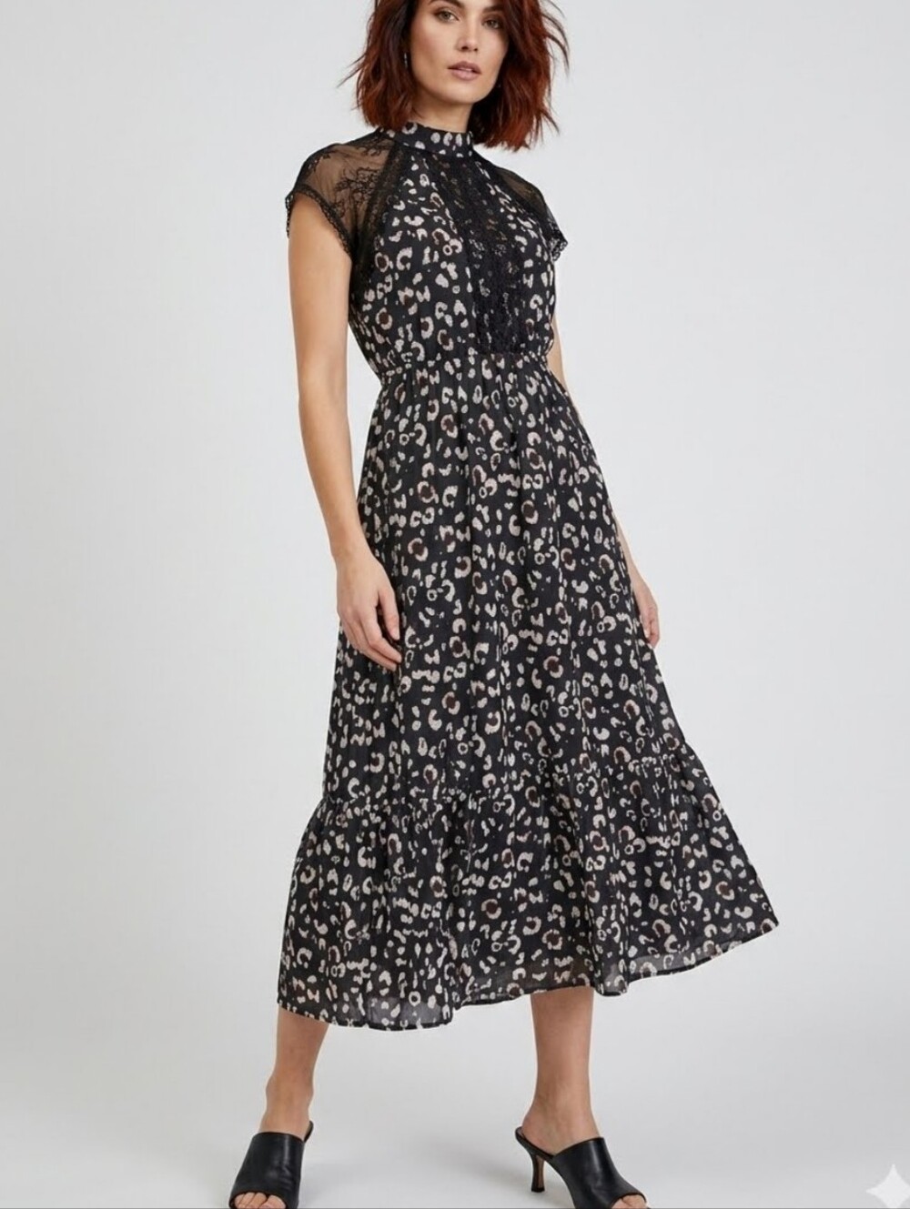 NWT Liquorish Satin Midi Dress Black Pink Leopard Lace Women's Size 4
